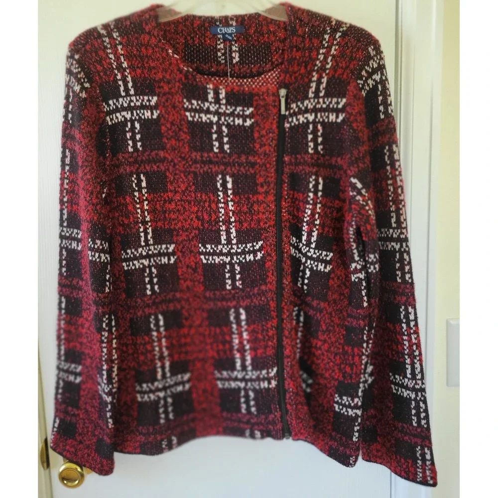 Chaps Womens Sweater Jacket XXL Red‎ Black White Plaid Knit Zip-Up Long Sleeve